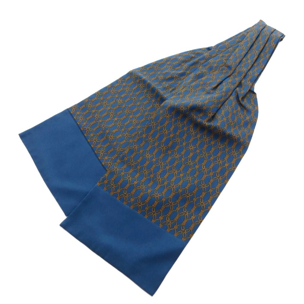 Hermes Scarf Ascot Tie Gold Chain Pattern Silk Pleats Blue