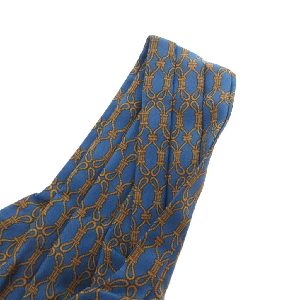 Hermes Scarf Ascot Tie Gold Chain Pattern Silk Pleats Blue — view 3