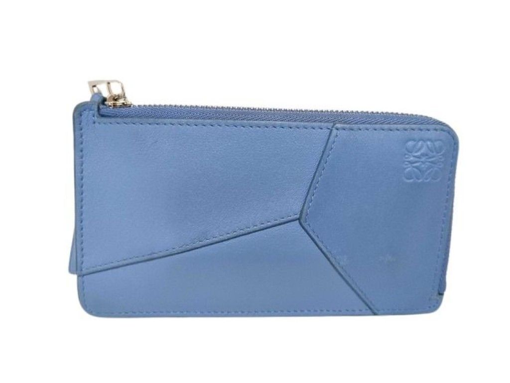 Loewe Card Case Puzzle Coin Holder Blue Leather Long Purse Business Silver