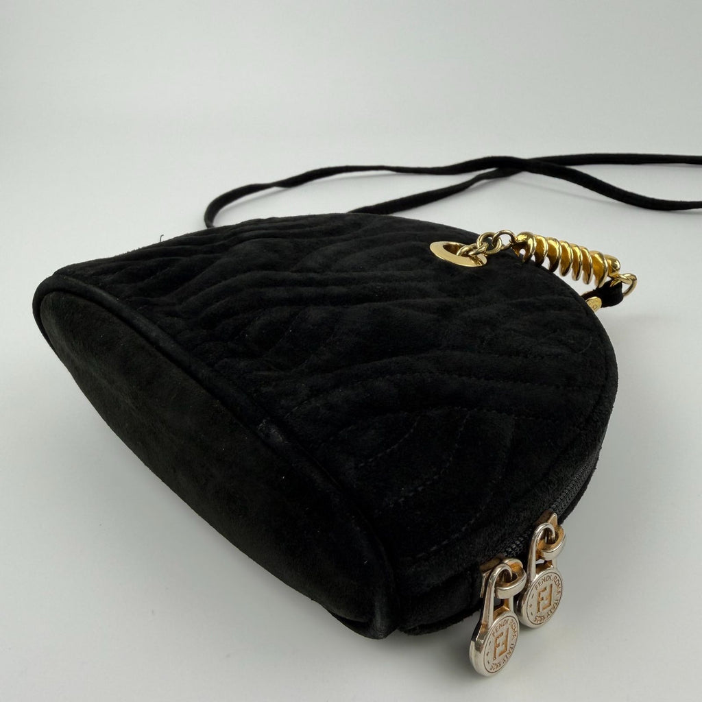 Fendi Logo Charm Mini Shoulder Bag Suede Leather Black Gold Vintage — view 9