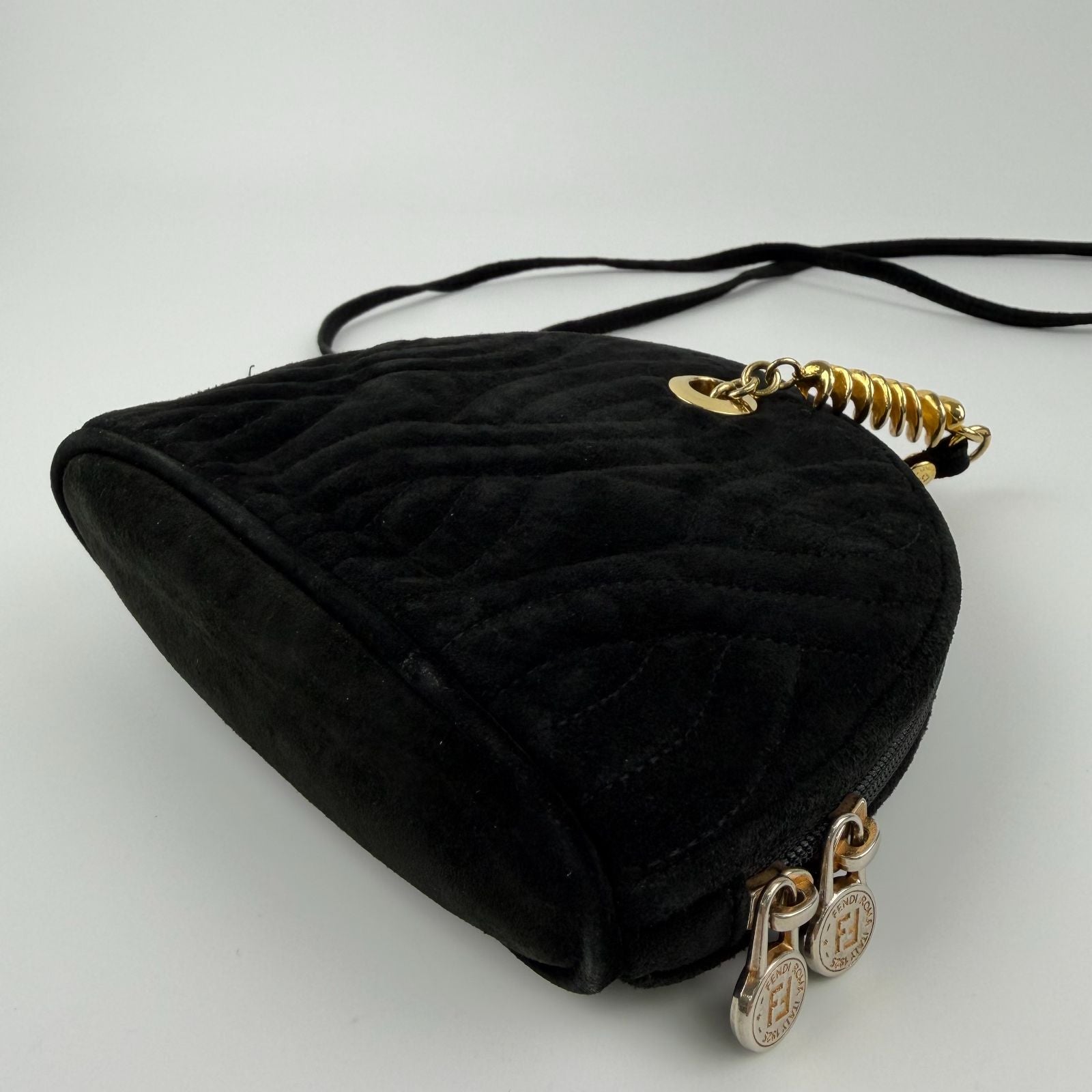 Fendi Logo Charm Mini Shoulder Bag Suede Leather Black Gold Vintage — view 9