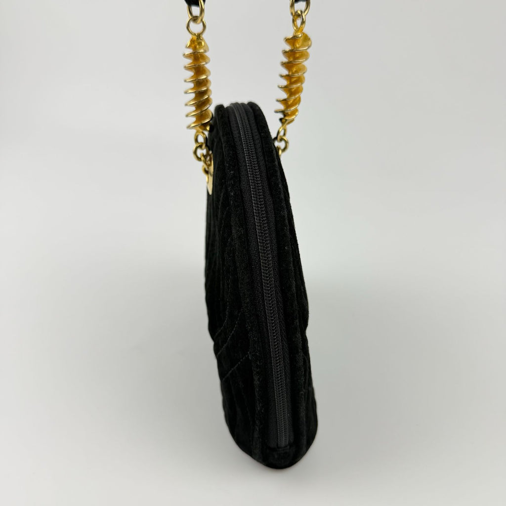 Fendi Logo Charm Mini Shoulder Bag Suede Leather Black Gold Vintage — view 6