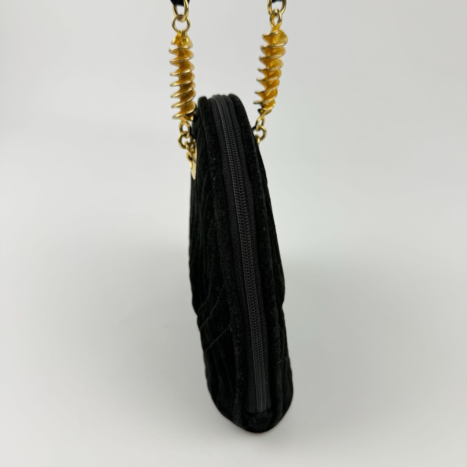 Fendi Logo Charm Mini Shoulder Bag Suede Leather Black Gold Vintage — view 6