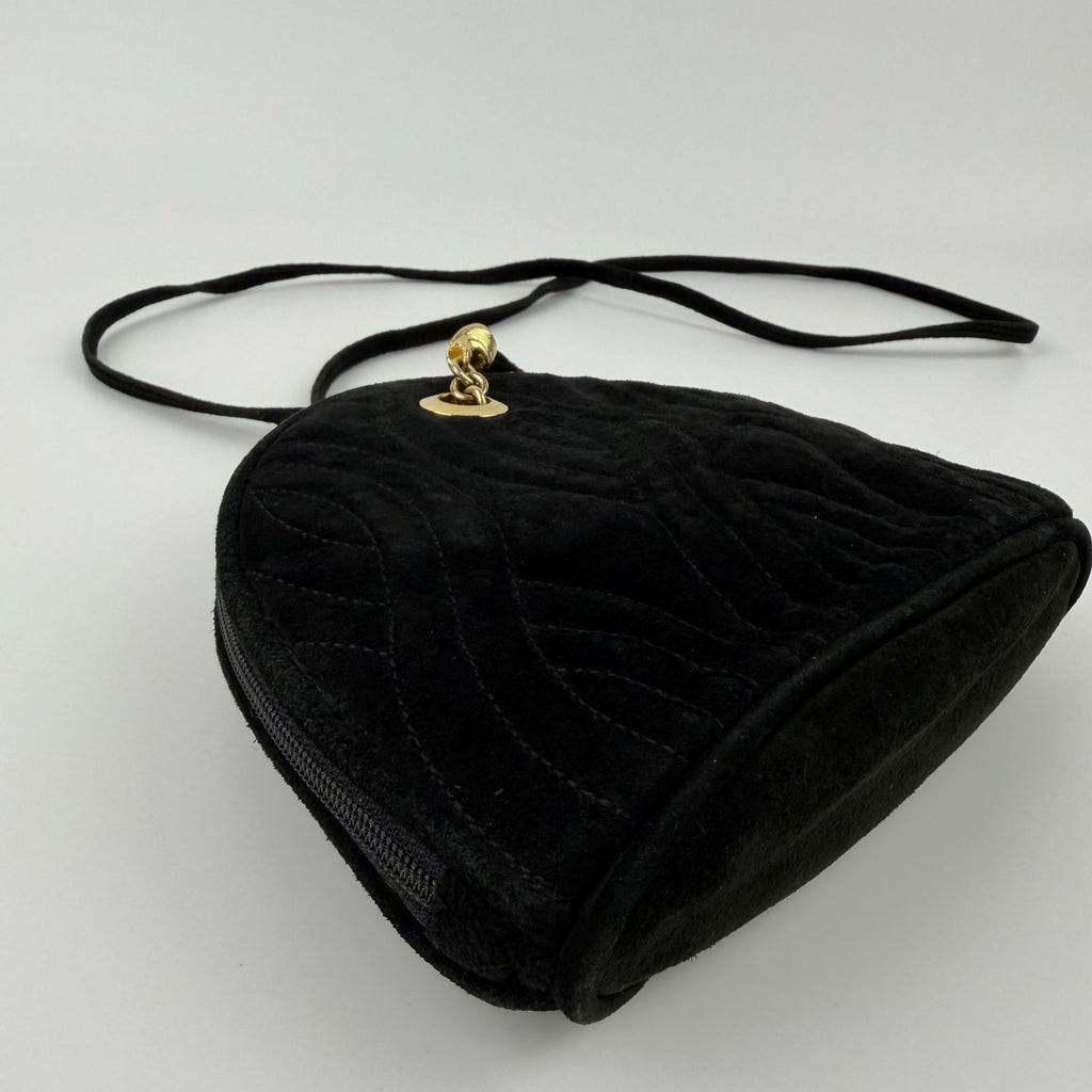 Fendi Logo Charm Mini Shoulder Bag Suede Leather Black Gold Vintage — view 8