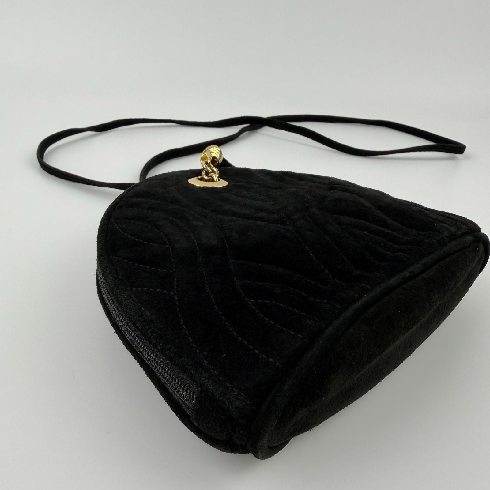 Fendi Logo Charm Mini Shoulder Bag Suede Leather Black Gold Vintage — view 8