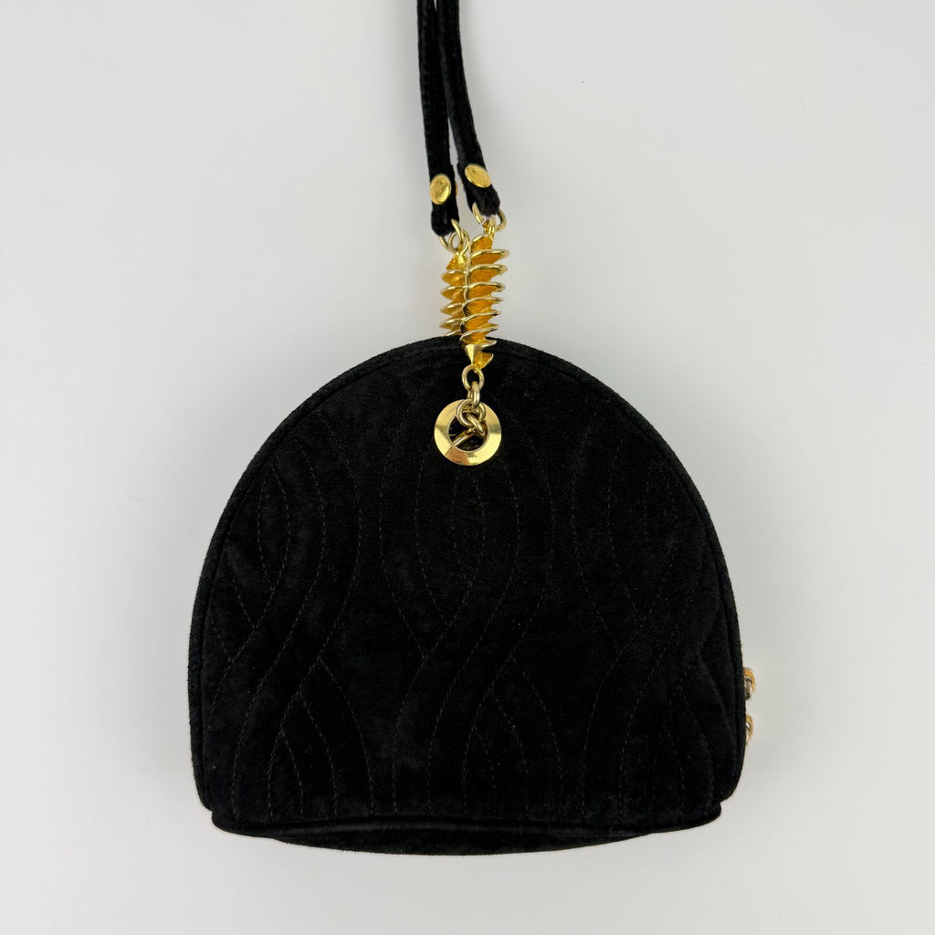 Fendi Logo Charm Mini Shoulder Bag Suede Leather Black Gold Vintage — view 4