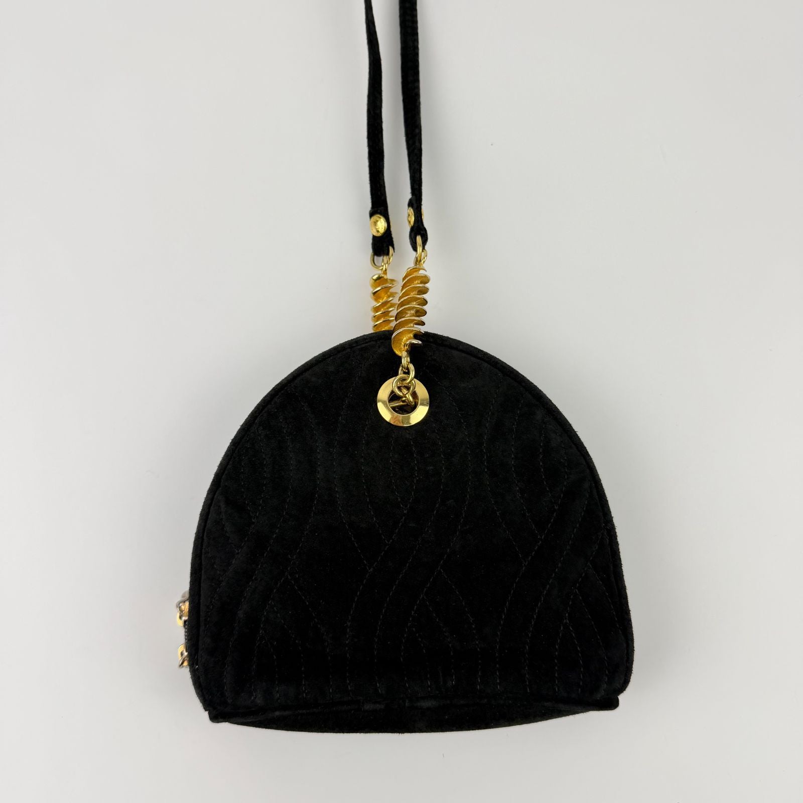 Fendi Logo Charm Mini Shoulder Bag Suede Leather Black Gold Vintage — view 3