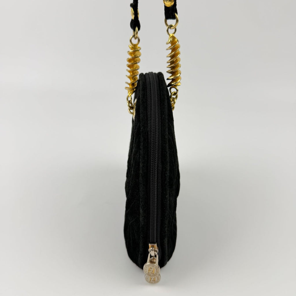 Fendi Logo Charm Mini Shoulder Bag Suede Leather Black Gold Vintage — view 5