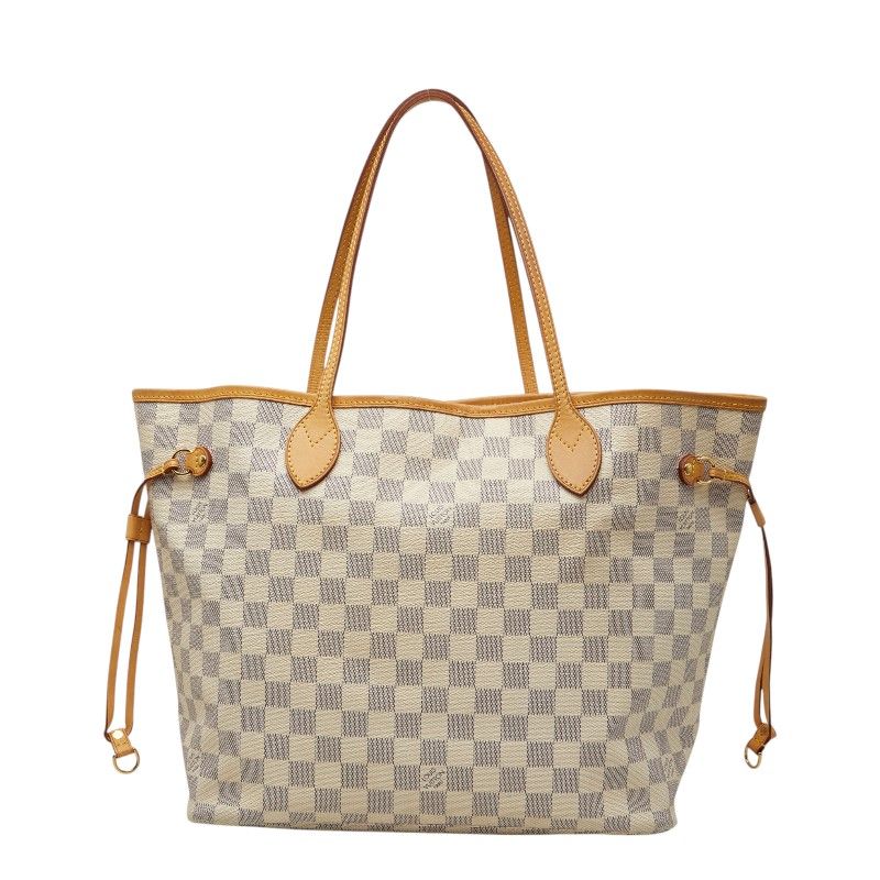 Louis Vuitton Damier Azur Neverfull MM Tote Shoulder Bag White Leather
