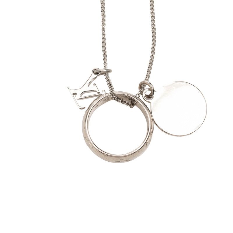 Louis Vuitton Monogram Chain Pendant Ring Necklace Silver Metal
