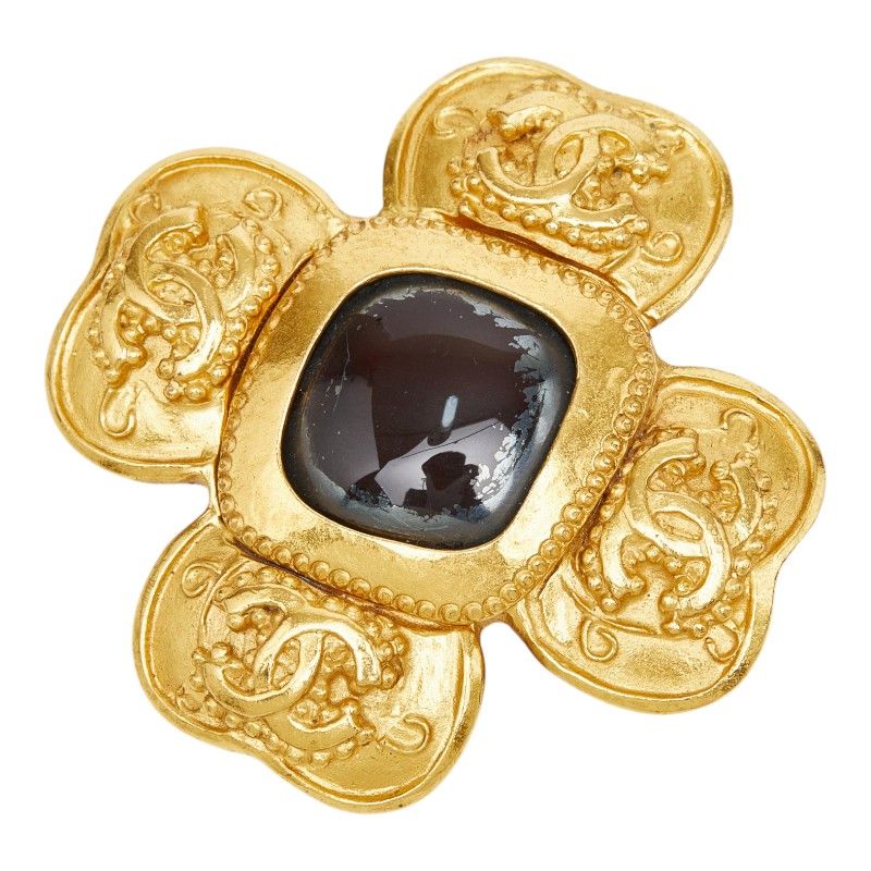 Chanel CC Logo Vintage Brooch Gold Plated Stone