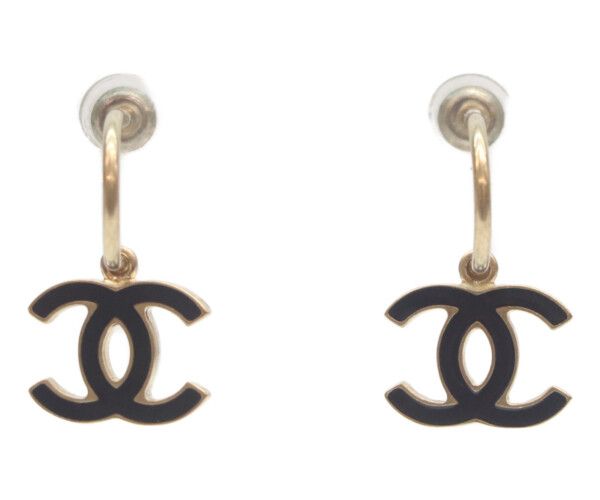 Chanel Black Enamel CC Logo Hoop Earrings