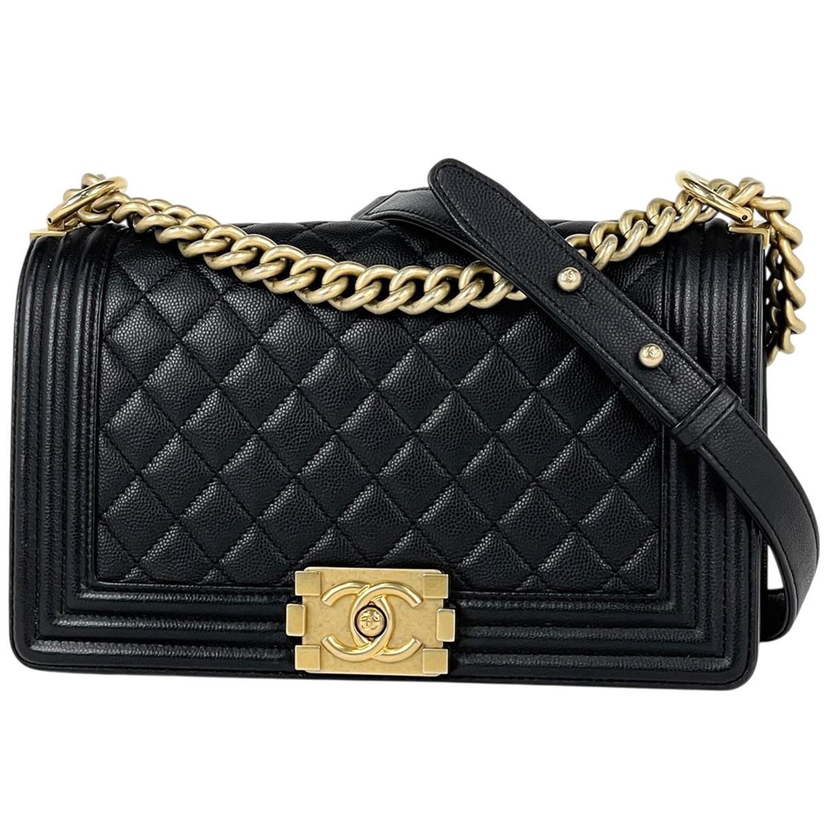 Chanel Boy Chain Shoulder Bag CC Logo Caviar Leather Black