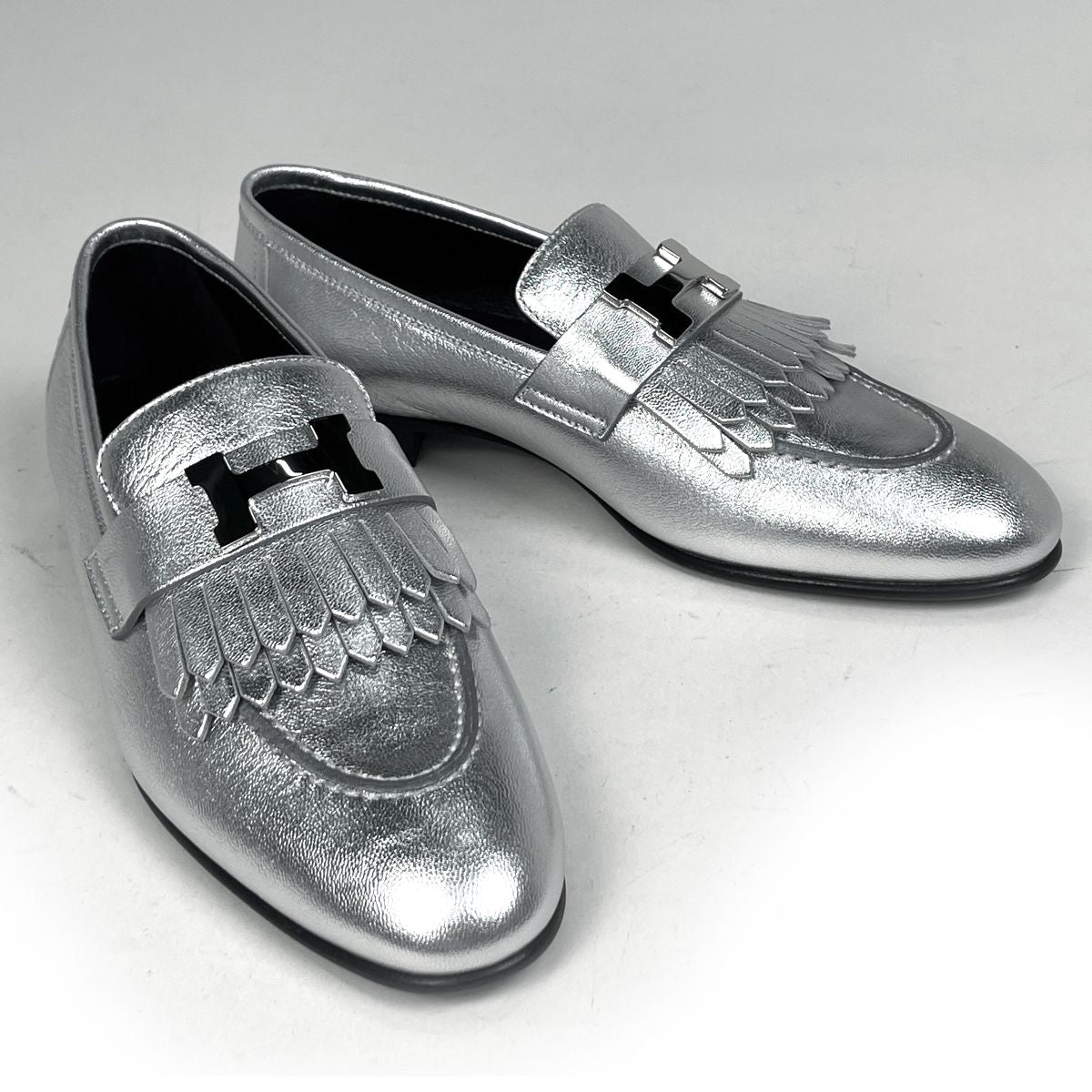 Hermes Moccasins Royale Logo Loafers Shoes Leather Silver — view 7