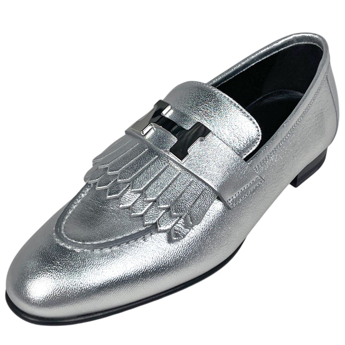 Hermes Moccasins Royale Logo Loafers Shoes Leather Silver