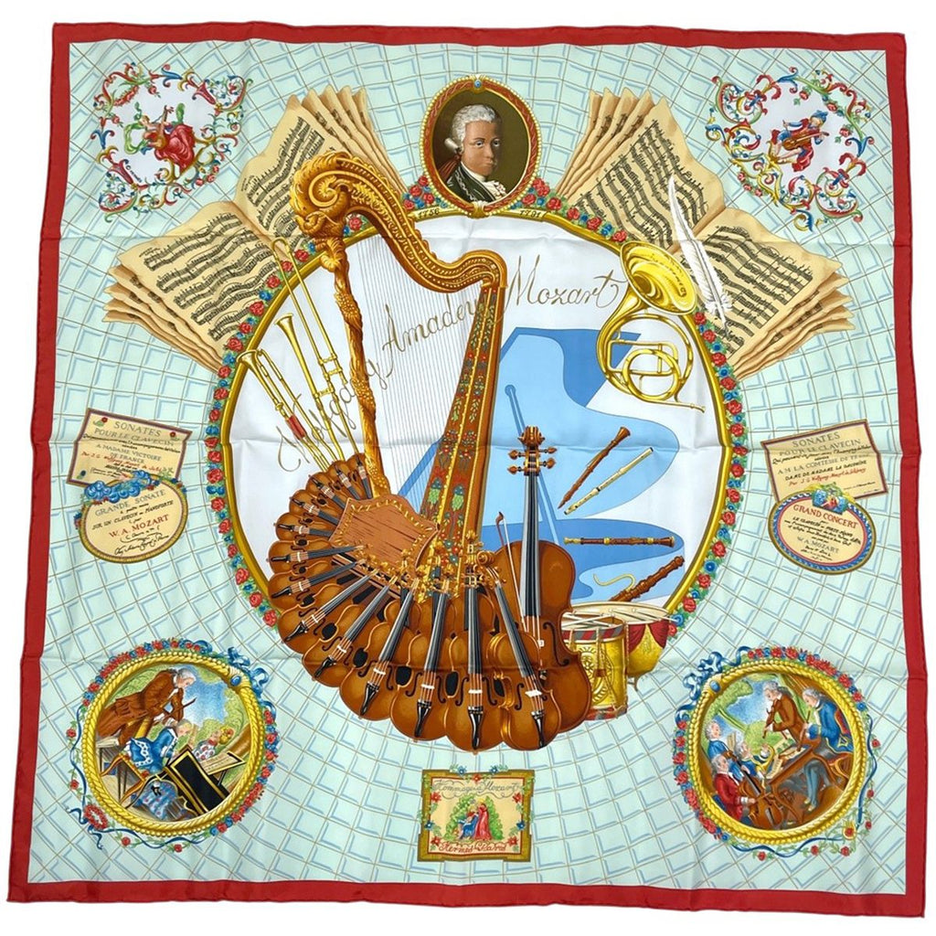 Hermes Carre 90 Wolfgang Amadeus Mozart Hymn to Scarf Silk Red Multicolor