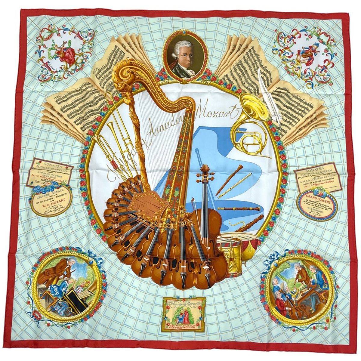 Hermes Carre 90 Wolfgang Amadeus Mozart Hymn to Scarf Silk Red Multicolor