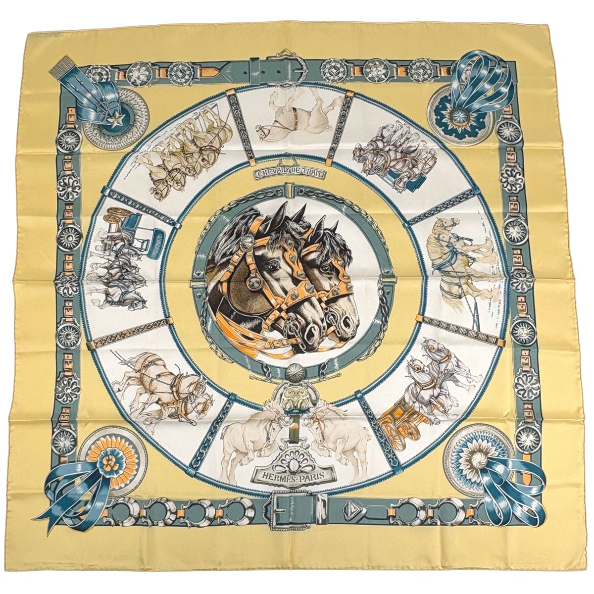Hermes Carre 90 Chevaiix de Trait Taima Scarf Silk Yellow Multicolor
