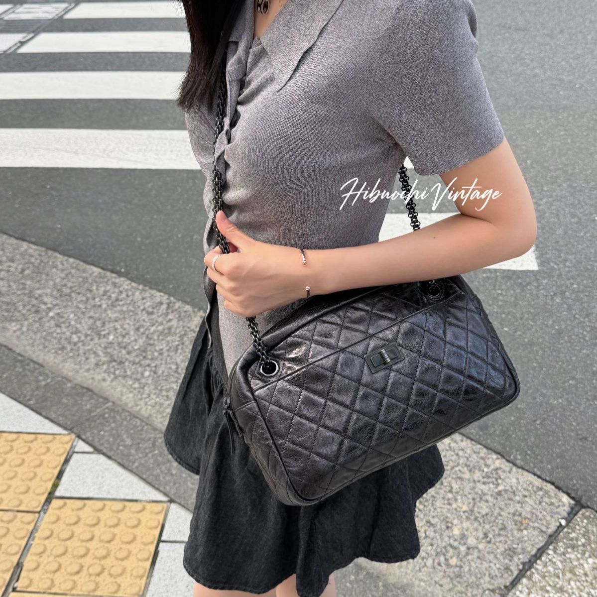 Chanel Quilted 2.55 Chain Shoulder Boston Bag Leather Black Vintage