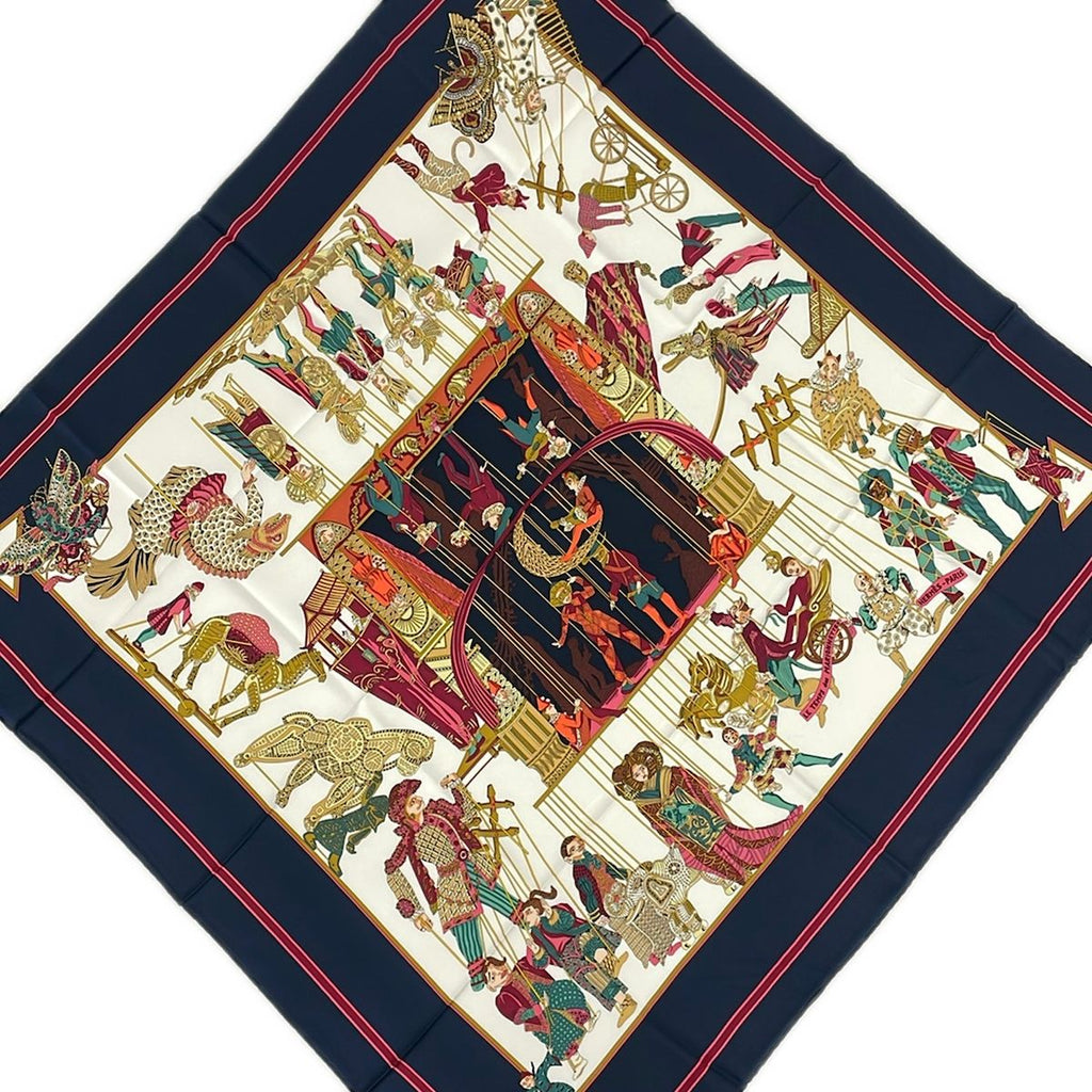 Hermes Scarf Carre 90 Dark Navy Bordeaux Multi Letemrs Des Marionettes
