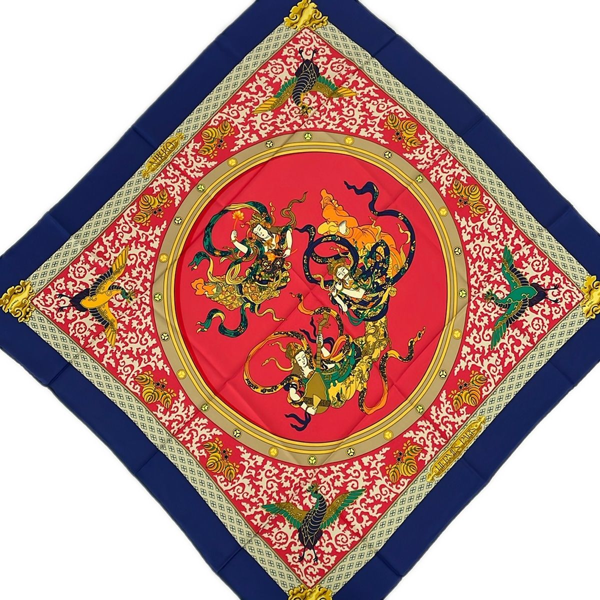 Hermes Scarf Carre 90 Dark Navy Red Yellow Nikko