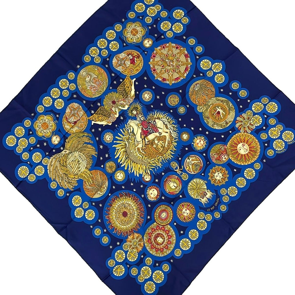 Hermes Scarf Carre 90 Blue Dark Navy Multi le Roy Soleil