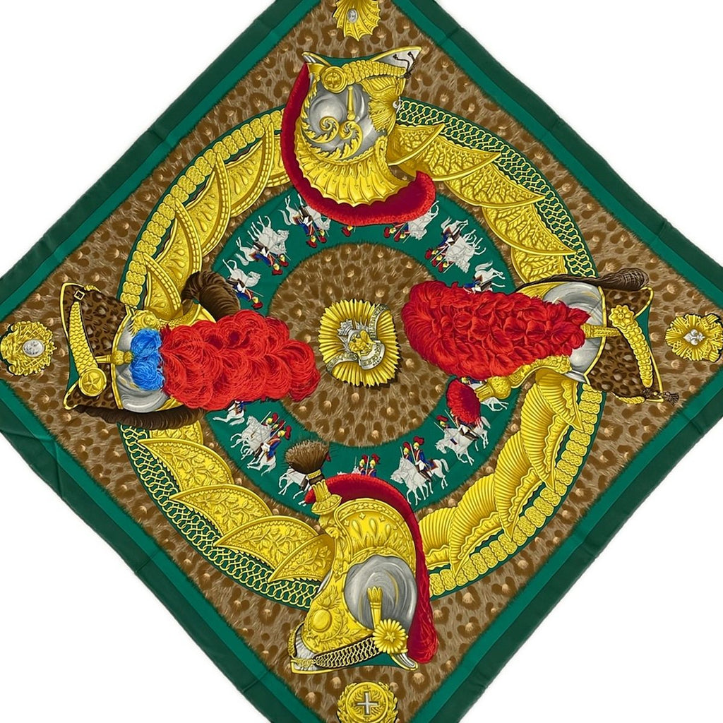 Hermes Scarf Carre 90 Green Red Multi Casques Et Plumets