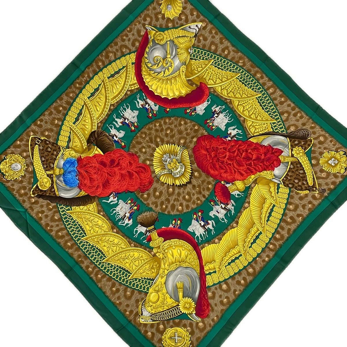 Hermes Scarf Carre 90 Green Red Multi Casques Et Plumets