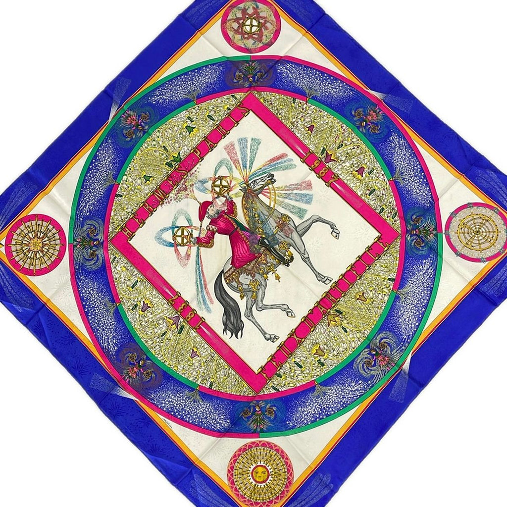 Hermes Scarf Carre 90 White Blue Pink Multi Feu D'artifice