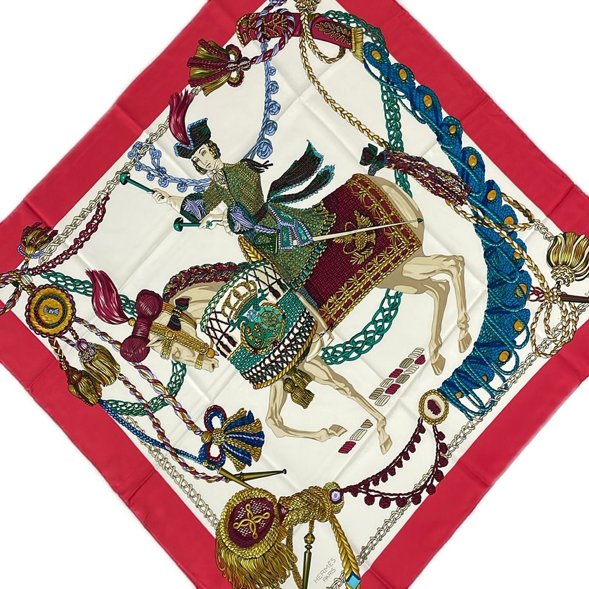 Hermes Scarf Carre 90 Red Ivory Multi Timpani Player