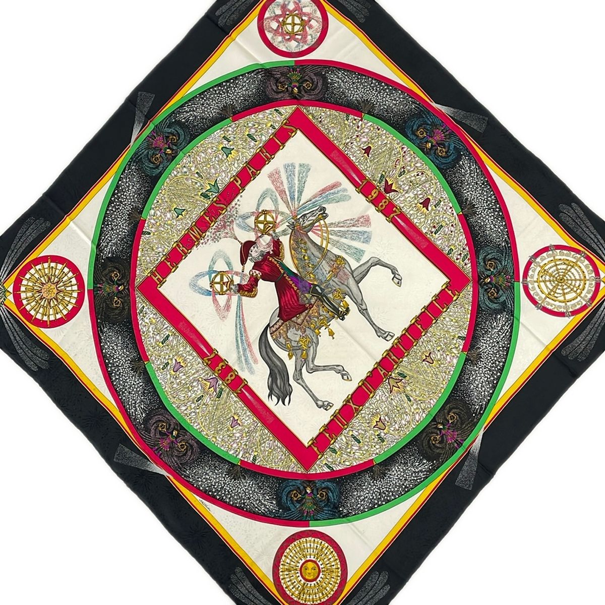 Hermes Scarf Carre 90 Black Red Multi Feux D'artifice