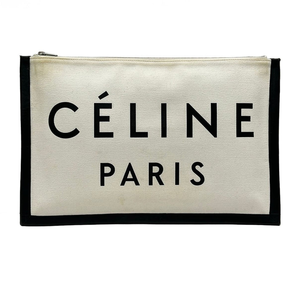 Celine Clutch Ivory Black Textile Logo Leather