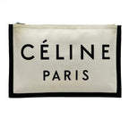 Celine Clutch Ivory Black Textile Logo Leather