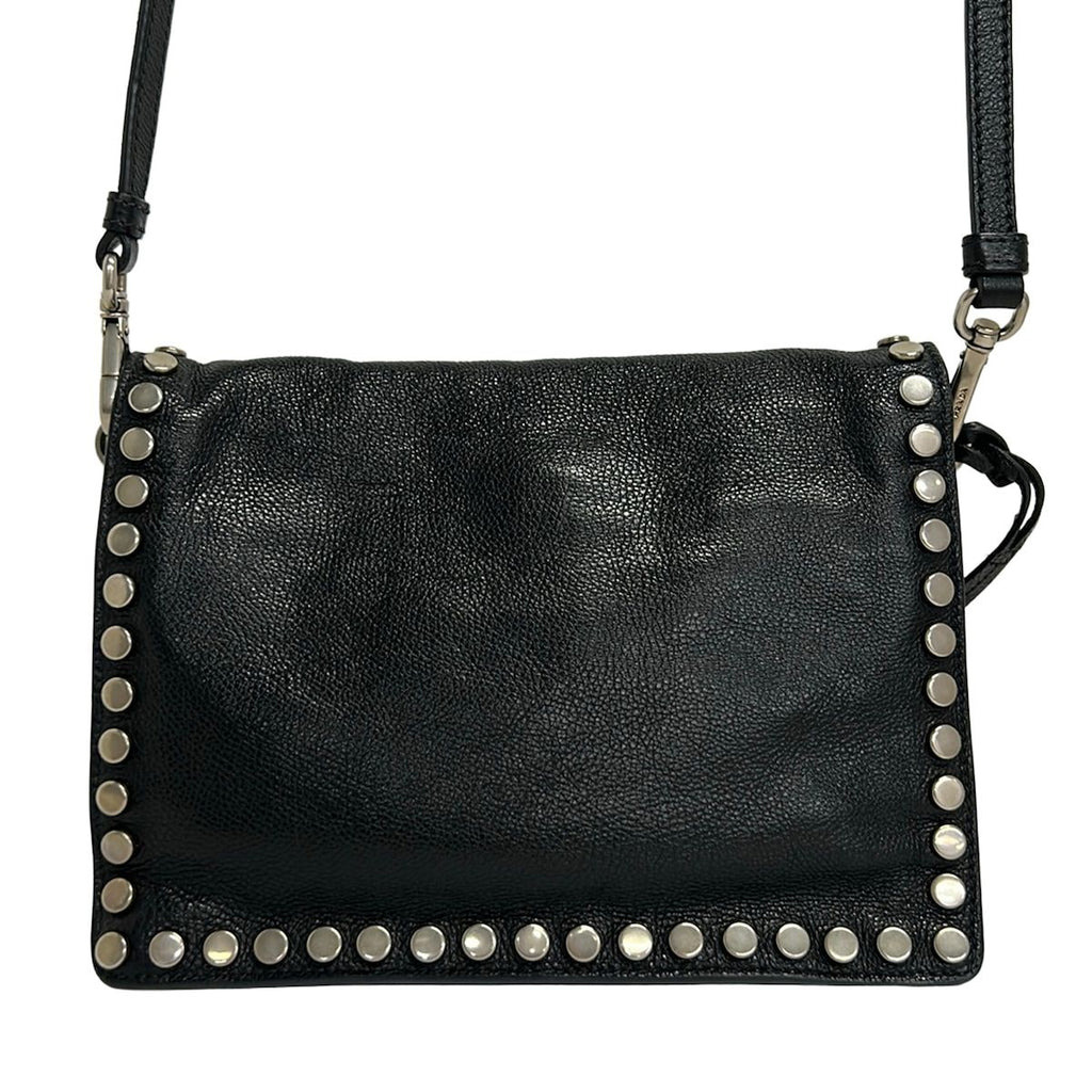 Prada Shoulder Bag Etiquette Black Silver Studs Leather — view 3