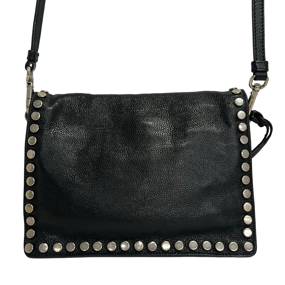 Prada Shoulder Bag Etiquette Black Silver Studs Leather — view 3