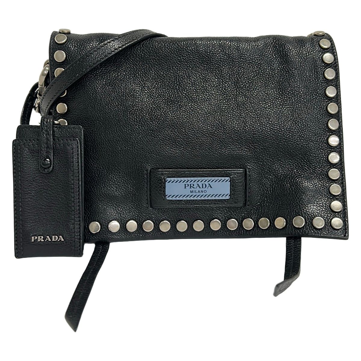 Prada Shoulder Bag Etiquette Black Silver Studs Leather