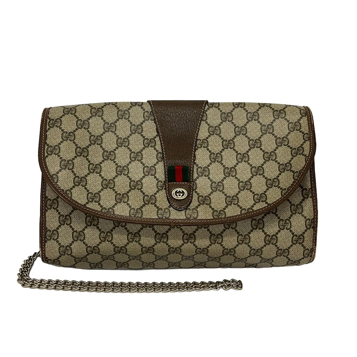 Gucci Shoulder Bag Vintage 156 01 031 Beige Dark Brown Multi External Chain