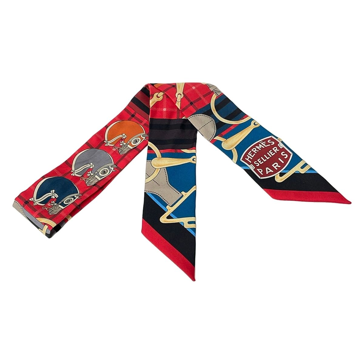 Hermes Scarf Twill Red Gray Beige Multi Ribbon Tatersale Horse Plaid Pattern