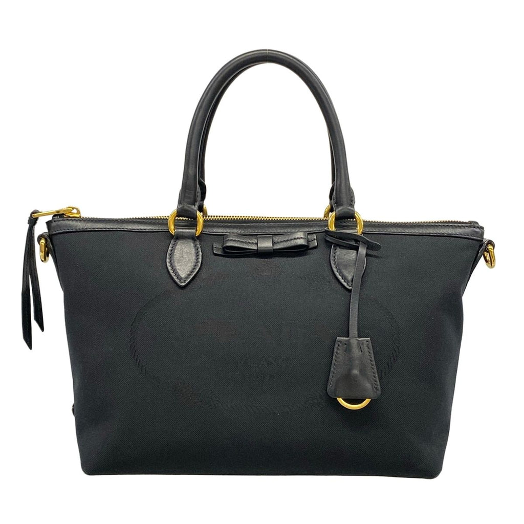 Prada Handbag Logo Jacquard Black Leather