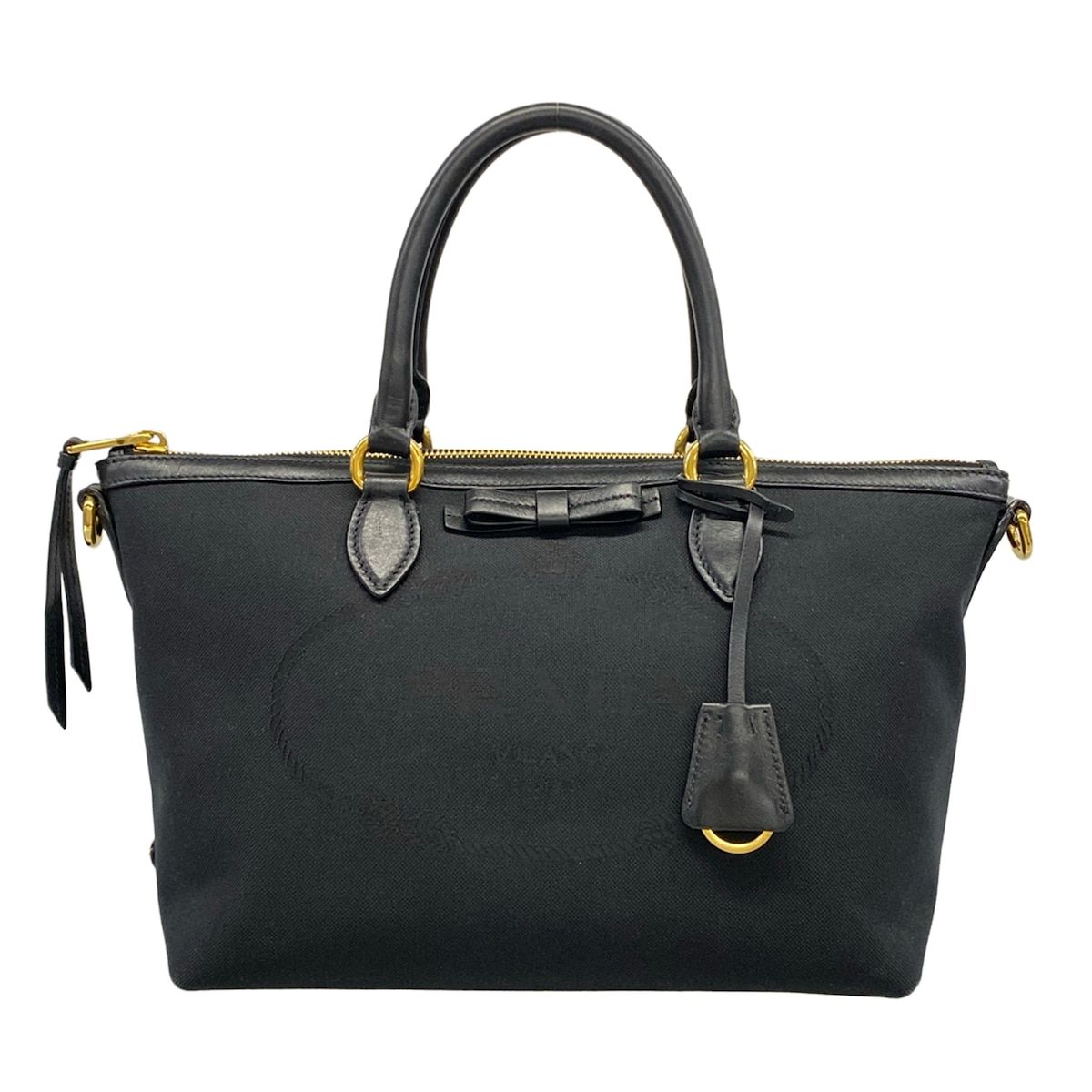 Prada Handbag Logo Jacquard Black Leather