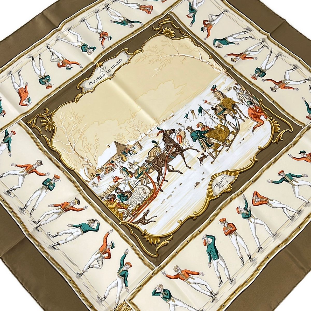 Hermes Scarf Carre 90 Beige Brown Multi les Plaisirs du Froid