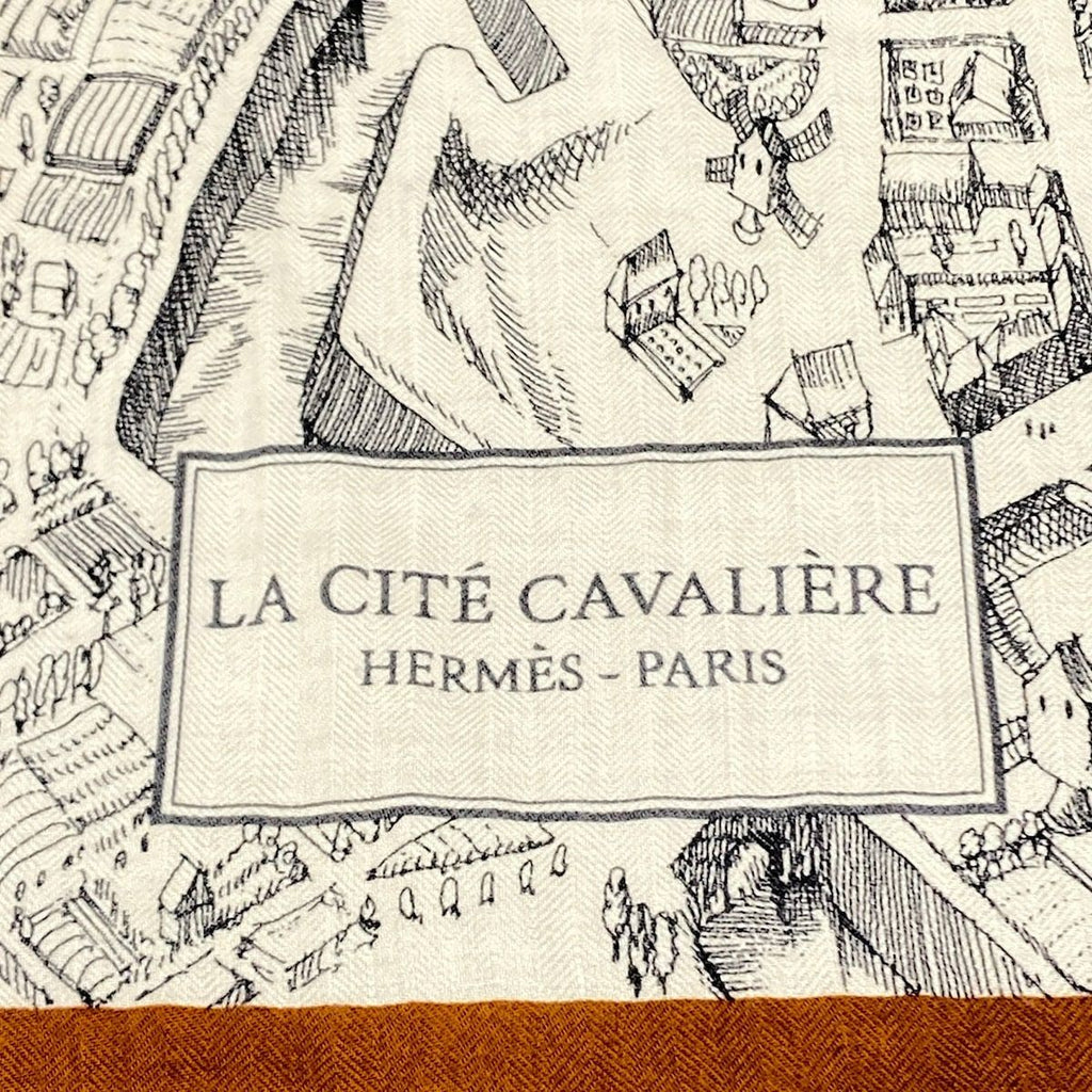 Hermes Shawl Carre Geant 140 Ivory Brown Black la Cite Cavaliere Cashmere Silk — view 2
