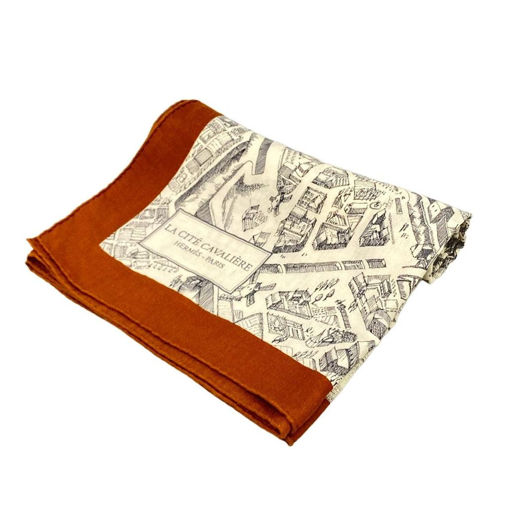Hermes Shawl Carre Geant 140 Ivory Brown Black la Cite Cavaliere Cashmere Silk