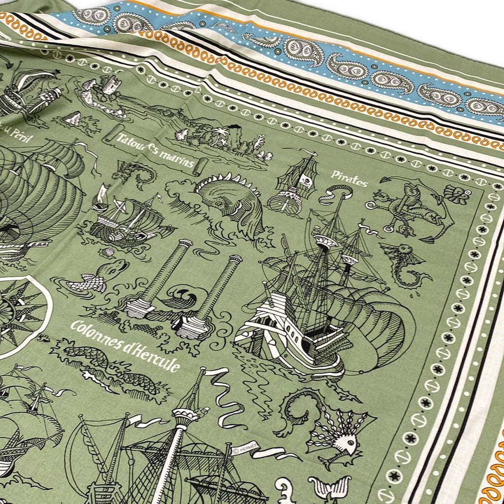 Hermes Shawl Carre Geant 140 Green White Black Tatouages Marins Bandana — view 4