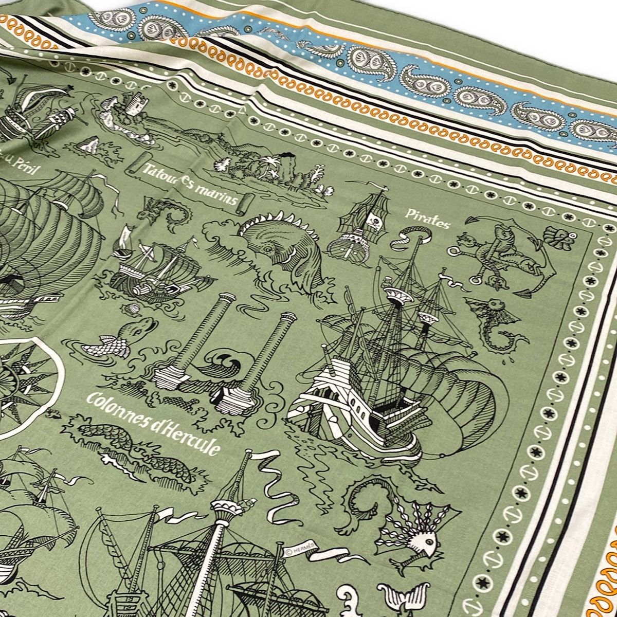 Hermes Shawl Carre Geant 140 Green White Black Tatouages Marins Bandana — view 4