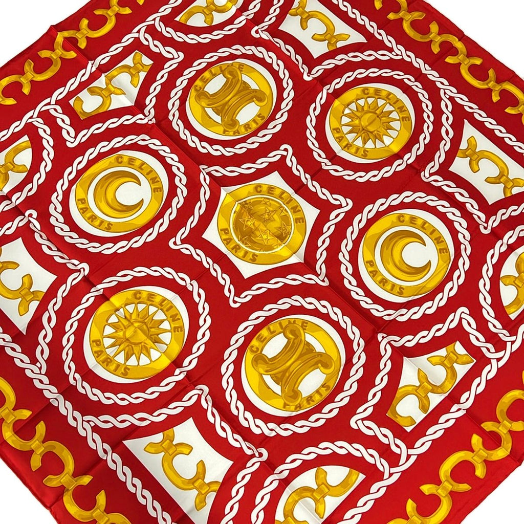 Celine Scarf Red White Gold Chain Logo Silk