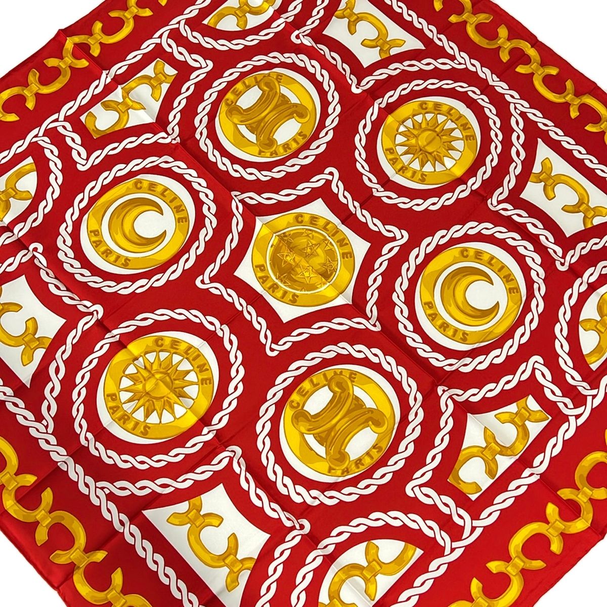 Celine Scarf Red White Gold Chain Logo Silk
