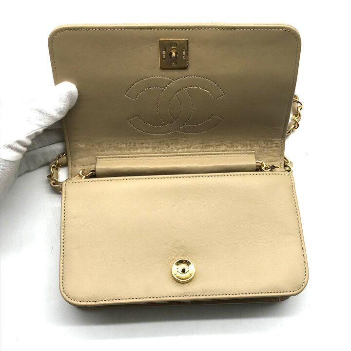 Chanel CC Logo Mini Quilted Lambskin Chain Shoulder Bag Push Lock Beige — view 7