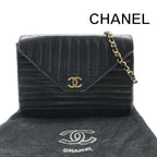 Chanel CC Logo Lambskin Vintage Chain Shoulder Bag Push Lock Black Leather