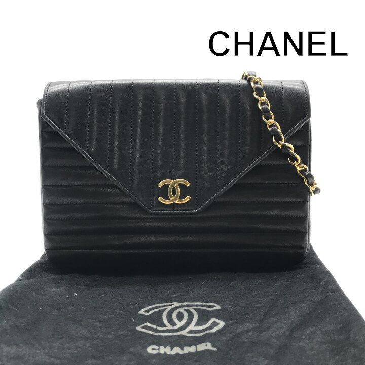 Chanel CC Logo Lambskin Vintage Chain Shoulder Bag Push Lock Black Leather